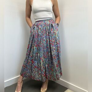 Geiger 70’s Vintage High Rise Pleated A-line Multi-color Floral Midi Skirt XS